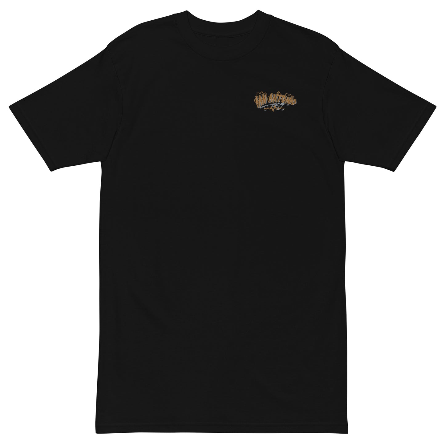 S.A. Men’s premium heavyweight tee San Antonio embroidery front design with dtg print on back.