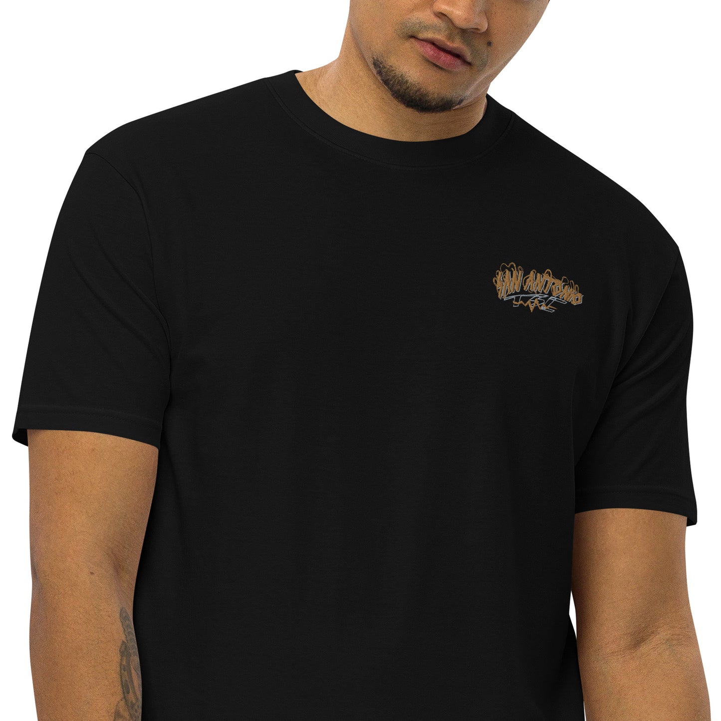 S.A. Men’s premium heavyweight tee San Antonio embroidery front design with dtg print on back.